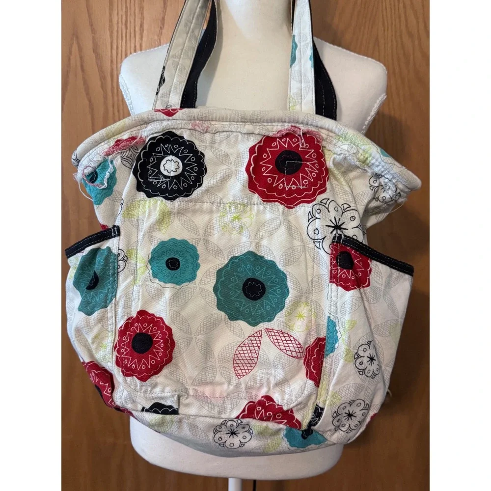 Thirty-One Retro Metro Tote Bag Floral Canvas Shoulder Bag Cream Red Teal Black